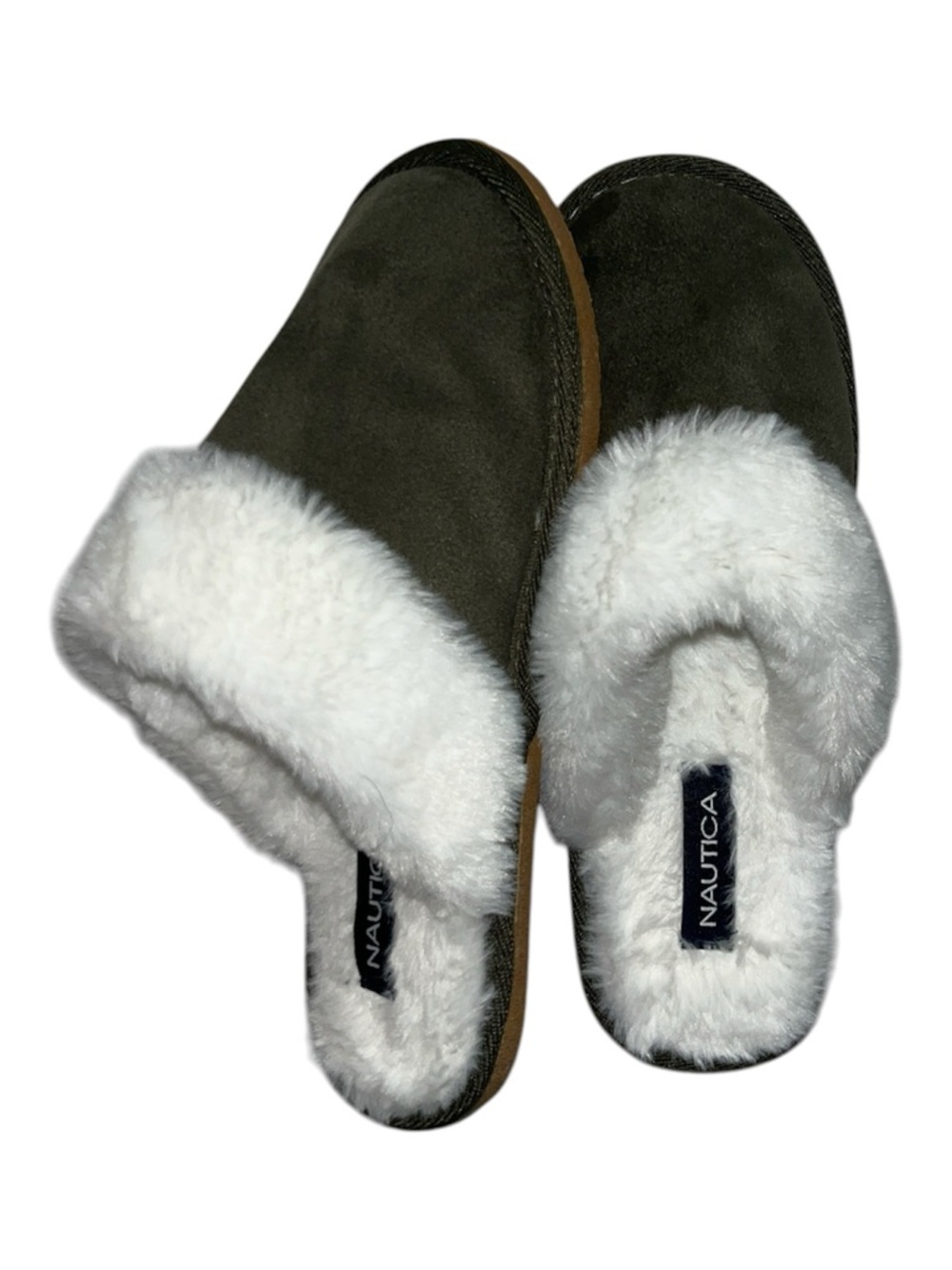 Nautica Olive Suede Plush-Fur Mule Slippers